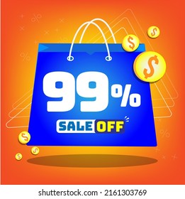 Tote bag with print promotion for sales, 99% off. Vector tags and icons with orange background