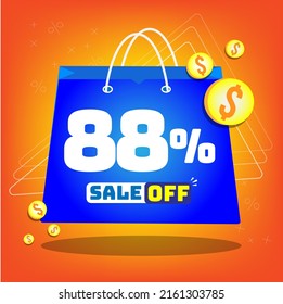 Tote bag with print promotion for sales, 88% off. Vector tags and icons with orange background