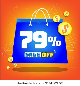 Tote bag with print promotion for sales, 79% off. Vector tags and icons with orange background