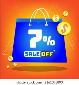 Tote bag with print promotion for sales, 7% off. Vector tags and icons with orange background