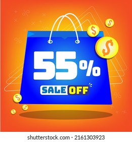 
Tote bag with print promotion for sales, 55% off. Vector tags and icons with orange background