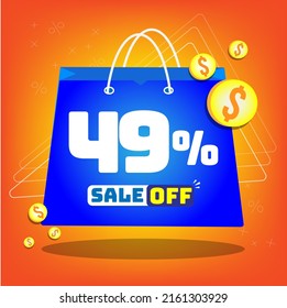 Tote bag with print promotion for sales, 49% off. Vector tags and icons with orange background