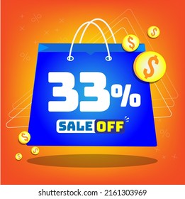 Tote bag with print promotion for sales, 33% off. Vector tags and icons with orange background