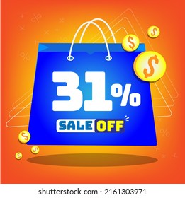 Tote bag with print promotion for sales, 31% off. Vector tags and icons with orange background