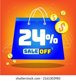 Tote bag with print promotion for sales, 24% off. Vector tags and icons with orange background