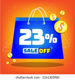 Tote bag with print promotion for sales, 23% off. Vector tags and icons with orange background