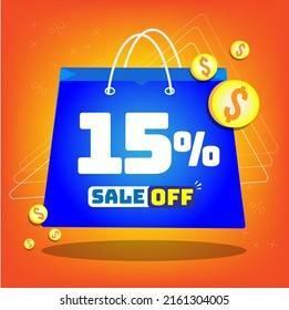 Tote bag with print promotion for sales, 15% off. Vector tags and icons with orange background