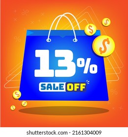 Tote bag with print promotion for sales, 13% off. Vector tags and icons with orange background