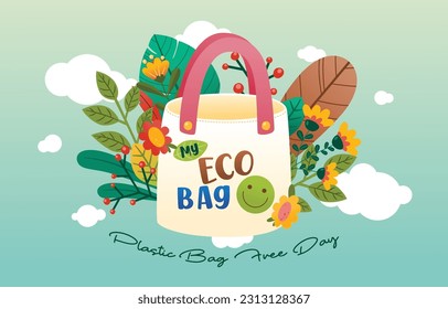 Tote Bag, Reusable Bag, Eco Bag, Leaves And Flower, Banner, Poster, International Plastic Bag Free Day,Vector, Illustration