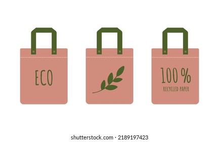 Tote bag set in flat style. Reusable bag with lettering inscription - eco, 100% recycling paper. Environmental ecological care clip art. Zero waste. Vector illustration on white background