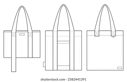 Tote Bag Set Technical Fashion Illustration. Structured Utility Tote Bag Designs Vector Template. Minimalist Everyday Tote. Functional and Versatile. Front View. CAD Mockup Set.