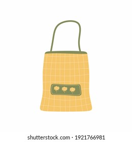 Tote bag for shopping, storage. Green beige fabric cloth or paper bag. Save Earth ecology concept. Flat style vector illustration for eco store, organic food shop, local market banner, vegan site.