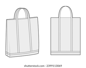 Tote Beutel Silhouette. Technische Illustration zum Mode-Accessoire. Vektorgrafik-Vorderseite 3-4 für Männer, Frauen, unisex-Stil, flache Handtasche-CAD-Mockup-Skizze einzeln