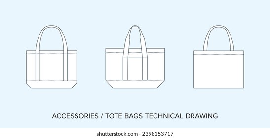 Technische Zeichnung der Tasche, Zubehör-Blueprint für Modedesigner. Detaillierte Bearbeitbare Vektorgrafik, Schwarz-Weiß-Shopping-Carryall, isolierter Hintergrund