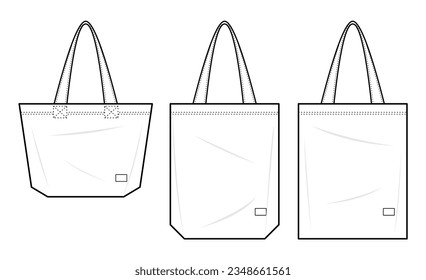 Tote bag technical fashion illustration. Canvas Tote Bag or ECO BAG fashion flat technical drawing template. front view. collection. unisex. white colour. CAD mockup.