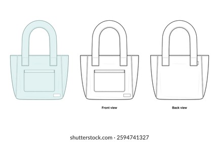 Tote Bag Technical Fashion Illustration. Minimalist Shoulder Bag Vector Template. Front and Back View. Functional Front Pocket. Dual Top Handles. Everyday Casual Bag. CAD Mockup set.