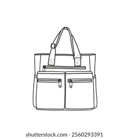 Tote bag waterproof multiple pockets shoulder bag, handbag for women and men line art. Vector illustration of top handle bag icon line isolated on a white background