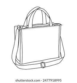 Tote Bag for Women  Cross body Bag Casual Zipper, Shoulder Handbag Hobo bag with Pockets  Line art, outline vector doodle illustration front view, isolated on white background