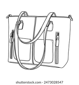 Tote Bag for Women, Handbags Large Shoulder Bag, Leather Work Bags with Multi-Pockets, Designer Hobo Satchel Line art, outline vector doodle illustration side view, isolated on white background