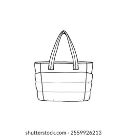 Tote bag for women, lightweight puffy tote bag. Quilted shoulder bag, handbag for travel. Vector illustration of tote bag icon line art isolated on a white background