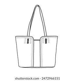 Tote Bag for Women Top Handle Satchel Purse Oversized Shoulder Handbag Line art, Suitable for your custom women handbags design, outline vector doodle illustration front view, isolated on white