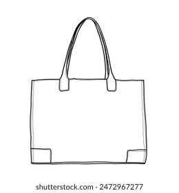 Tote Bag for Women Top Handle Satchel Purse Oversized Shoulder Handbag Line art, Suitable for your custom women handbags design, outline vector doodle illustration front view, isolated on white