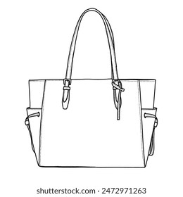 Tote Bag for Women Top Handle Satchel Purse Oversized Shoulder Handbag Line art, Suitable for your custom women handbags design, outline vector doodle illustration side view, isolated on white