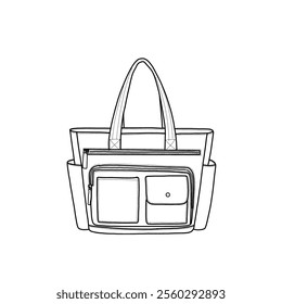 Tote bag for women with zipper and multiple pockets. Travel tote bag, handbag, shoulder bag line art. Vector illustration of top handle bag icon line isolated on a white background