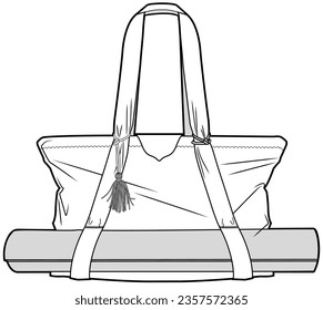 tote bag with yoga mat carrier flat sketch vector illustration template