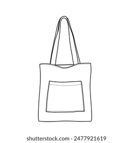 Tote Bag with Zip, Shoulder Bag Women's Handbags Large Capacity Shopping Bag Line art, outline vector doodle illustration front view, isolated on white background