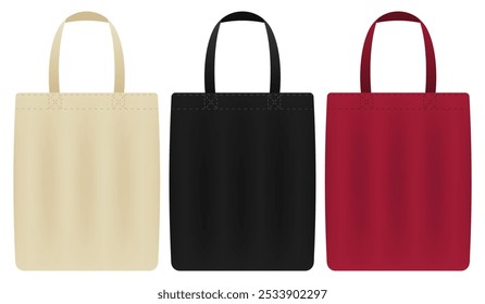 Tote bags. Fabric, reusable, eco-friendly, shopping, canvas, textile, carry, sustainable, black, red, beige, minimalist, accessory, fashion, simple, practical, branding.