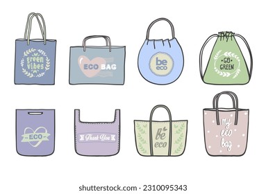 Símbolos gráficos de bolsas de té, ilustración de vector dibujada a mano con una variedad de bolsas de compras, estilo ecológico