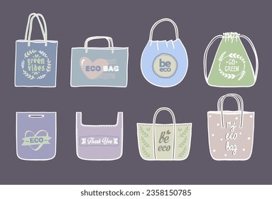 Tote bags graphic symbols set, hand drawn vector illustration with assorted shopper bags