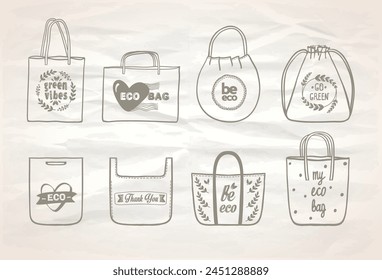 Símbolos gráficos en papel arrugado, estilo ecológico, Ilustración vectorial dibujada a mano con bolsos de compras surtidos