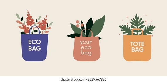 Tote bags with plants vector illustration. Colourful eco-friendly stickers of eco bags. Flat design. 
