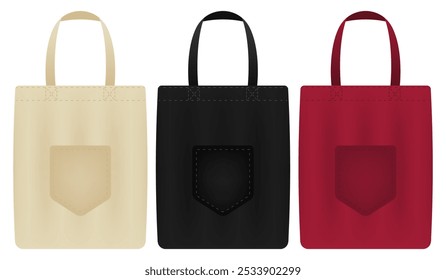 Tote bags with pocket. Fabric, reusable, eco-friendly, shopping, canvas, textile, carry, sustainable, black, red, beige, minimalist, accessory, fashion, simple, practical, branding.