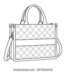 Tote Bags Quilted Handbags Shoulder Purses with Detachable Strap Line art, outline vector doodle illustration front view, isolated on white background