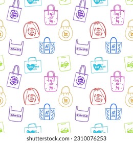 Tote bags seamless pattern with shopper bags, hand drawn vector illustration