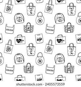 Tote bags seamless pattern with shopper bags, hand drawn vector line art illustration