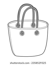 Tote beach bag silhouette with rope handle. Fashion accessory technical illustration. Vector satchel front 3-4 view for Men, women, unisex style, flat handbag CAD mockup sketch outline isolated