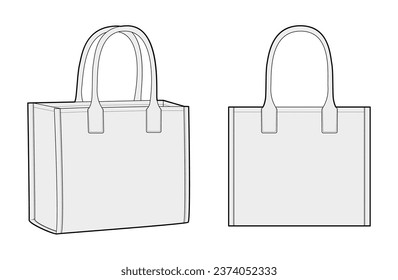 Tote Box Bag silhouette bag. Fashion accessory technical illustration. Vector satchel front 3-4 view for Men, women, unisex style, flat handbag CAD mockup sketch outline isolated