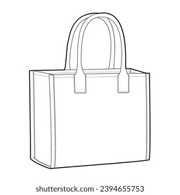 Tote Box Beutel Silhouette Beutel. Technische Illustration zum Mode-Accessoire. Vektorgrafik-Vorderseite 3-4 für Männer, Frauen, unisex-Stil, flache Handtasche-CAD-Mockup-Skizze einzeln