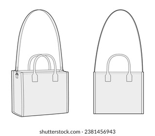 Tote Cross-Body Box Beutel mit herausnehmbaren Gurtoptionen. Technische Illustration zum Mode-Accessoire. Vektorgrafik der Vorderseite 3-4 für Männer, Frauen, Unisex-Stil, flache Handtasche CAD-Mockup Skizze