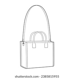 Tote Cross-Body Box Bag with removable strap options. Fashion accessory technical illustration. Vector satchel front 3-4 view for Men, women style, flat handbag CAD mockup sketch outline isolated