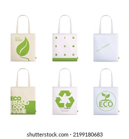 Tote fabric bag mockup realistic set with isolated images of eco branded artwork on cloth bags vector illustration