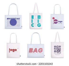 Tote fabric bag mockup realistic set with isolated images of modern cloth bags with different artworks vector illustration