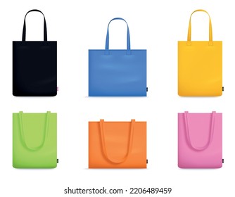 Tote fabric bag mockup realistic set with six isolated images of cloth bags with different colors vector illustration