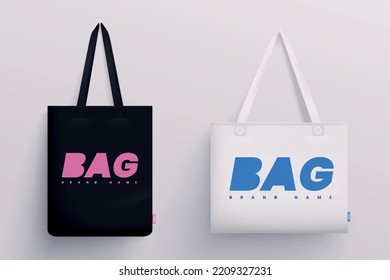 Tote fabric bag mockup realistic set with hanging black and white cloth bags with editable text vector illustration