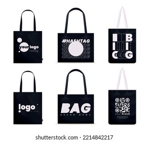 Tote fabric bag mockup realistic set with isolated images of black cloth bags with text artwork vector illustration