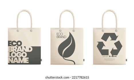 Tote fabric bag mockup realistic set with three isolated hand bags with eco brand logo name vector illustration